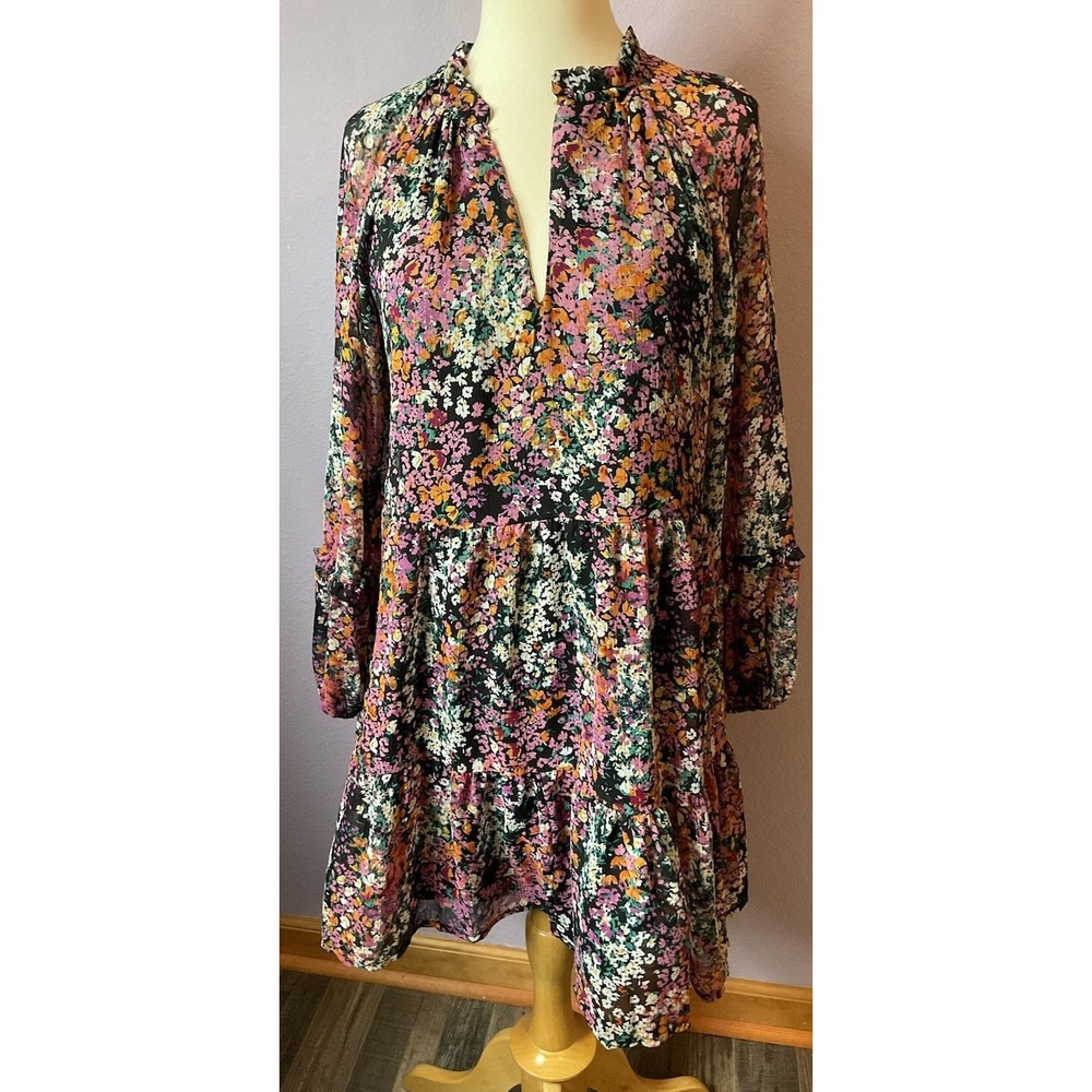 Vince Camuto Black Floral Long Sleeve Knee Length Dress‎ Size Small